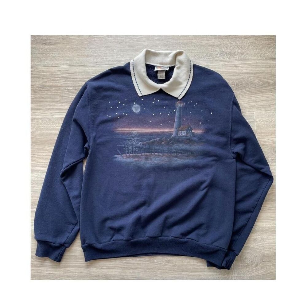 Morning Sun Vintage Medium Collared Lighthouse Sweatshirt Bling 90's Grandma